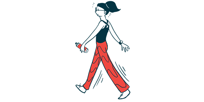 A woman is shown walking vigorously.