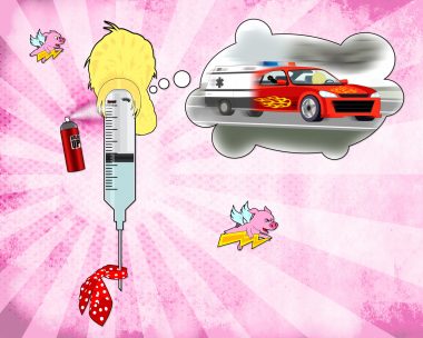 COVID-19 vaccine | Sjögren’s Syndrome News | An artistic rendering of a syringe dressed up as a greaser chick and thinking about a sports car/ambulance.