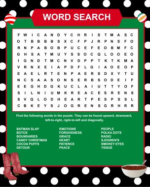 grace | Sjögren’s Syndrome News | A Christmas-themed word search that includes key words from Rena's column, such as "grace," "Batman slap," and "Cocoa Puffs."