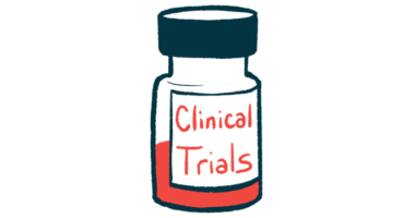 A medicine bottle, half filled with red liquid, is labeled Clinical Trials.