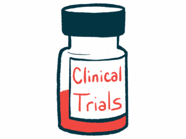 A medicine bottle, half filled with red liquid, is labeled Clinical Trials.