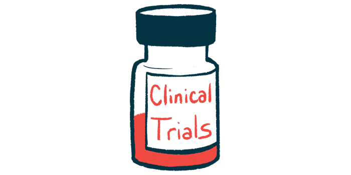 A medicine bottle, half filled with red liquid, is labeled Clinical Trials.