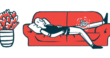 This illustration shows a person who has joint pain reclining on a red couch.