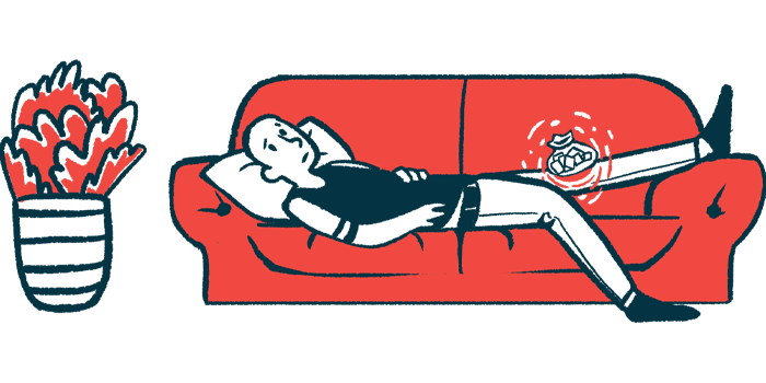 This illustration shows a person who has joint pain reclining on a red couch.
