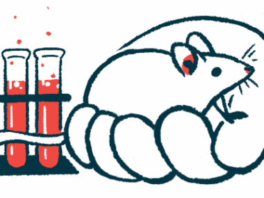 A human hand holds a mouse alongside a rack with three filled vials.