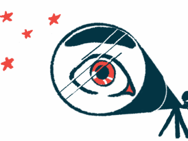 A person's eye is highlighted in a telescope lens as the individual looks at the stars.