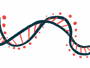 An illustration of a strand of DNA shows its ribbon-like structure.
