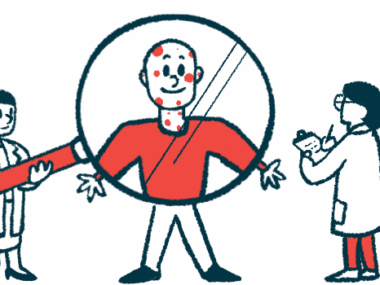 Two doctors use a giant magnifying glass to examine a patient in this case study illustration.