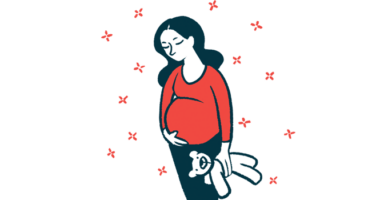 An illustration shows a pregnant woman holding a teddy bear.