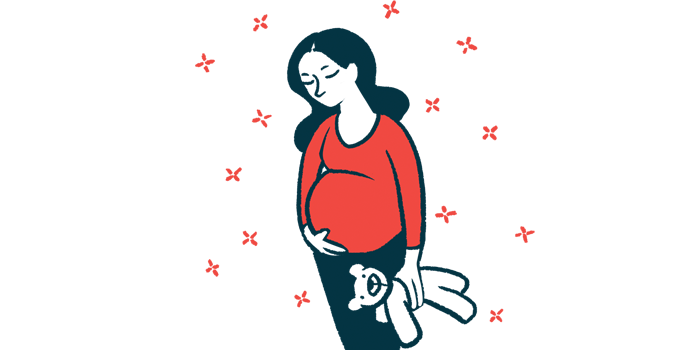 An illustration shows a pregnant woman holding a teddy bear.