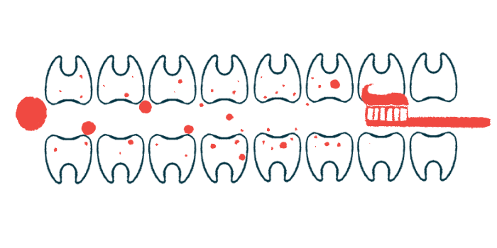 Illustration of teeth being brushed.