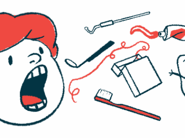 An oral health illustration shows a patient with an open mouth alongside a toothbrush, floss, and dental tools.