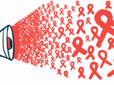 A multitude of red awareness ribbons explode from a megaphone.