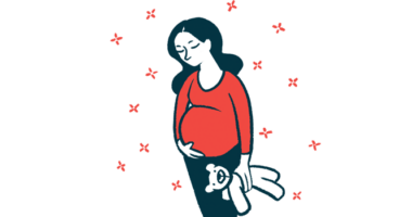 A pregnant woman holds her stomach with one hand and a teddy bear with the other.