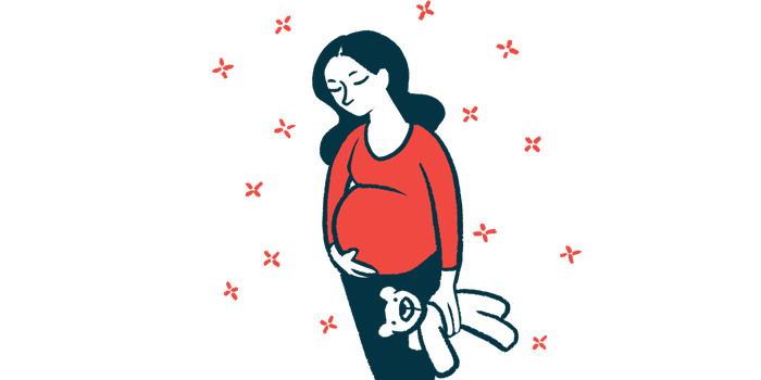 A pregnant woman holds her stomach with one hand and a teddy bear with the other.