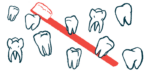 Images of 10 teeth surround a red toothbrush.