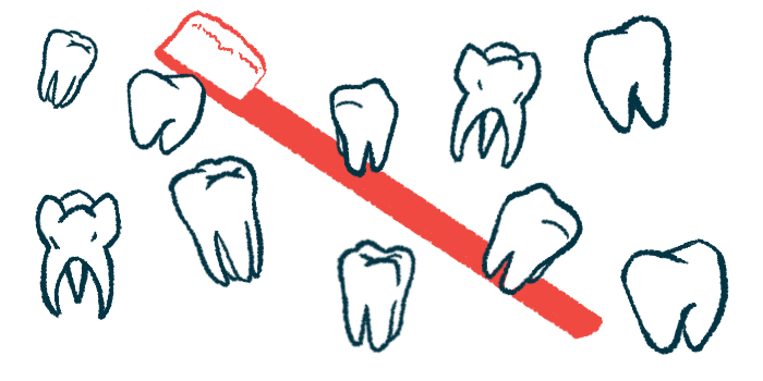 Images of 10 teeth surround a red toothbrush.