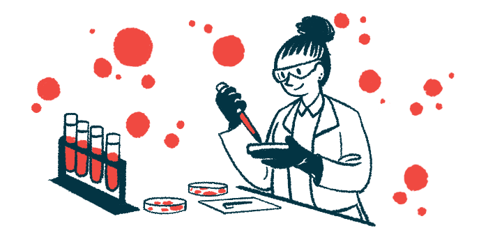 A scientist in a lab uses a petri dish and dropper to test blood, alongside a rack with four filled vials.