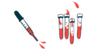 A squirting dropper is shown alongside four vials filled halfway with blood.