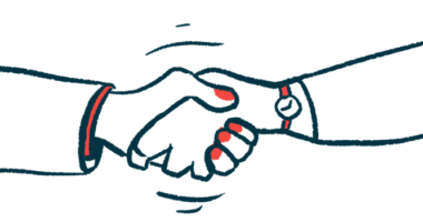 Two hands in a handshake denote an agreement or collaboration.