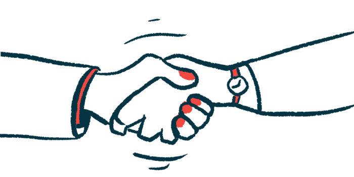 Two hands in a handshake denote an agreement or collaboration.