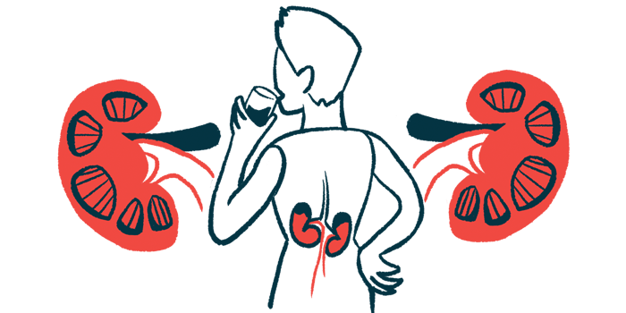 A pair of kidneys are shown magnified next to a person drinking a glass of water.