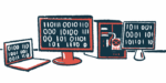 A machine learning illustration shows computer screens filled with coding.