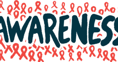 The word awareness, written in bold black capital letters, is shown against a backdrop or red awareness ribbons.