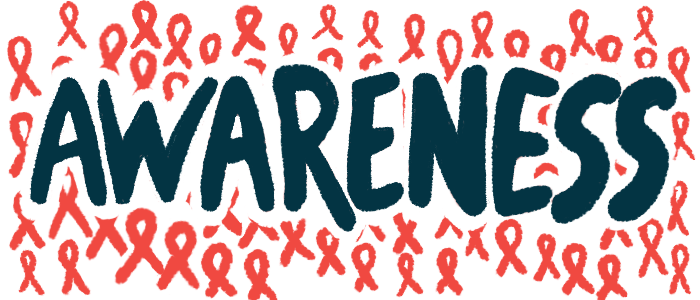 The word awareness, written in bold black capital letters, is shown against a backdrop or red awareness ribbons.